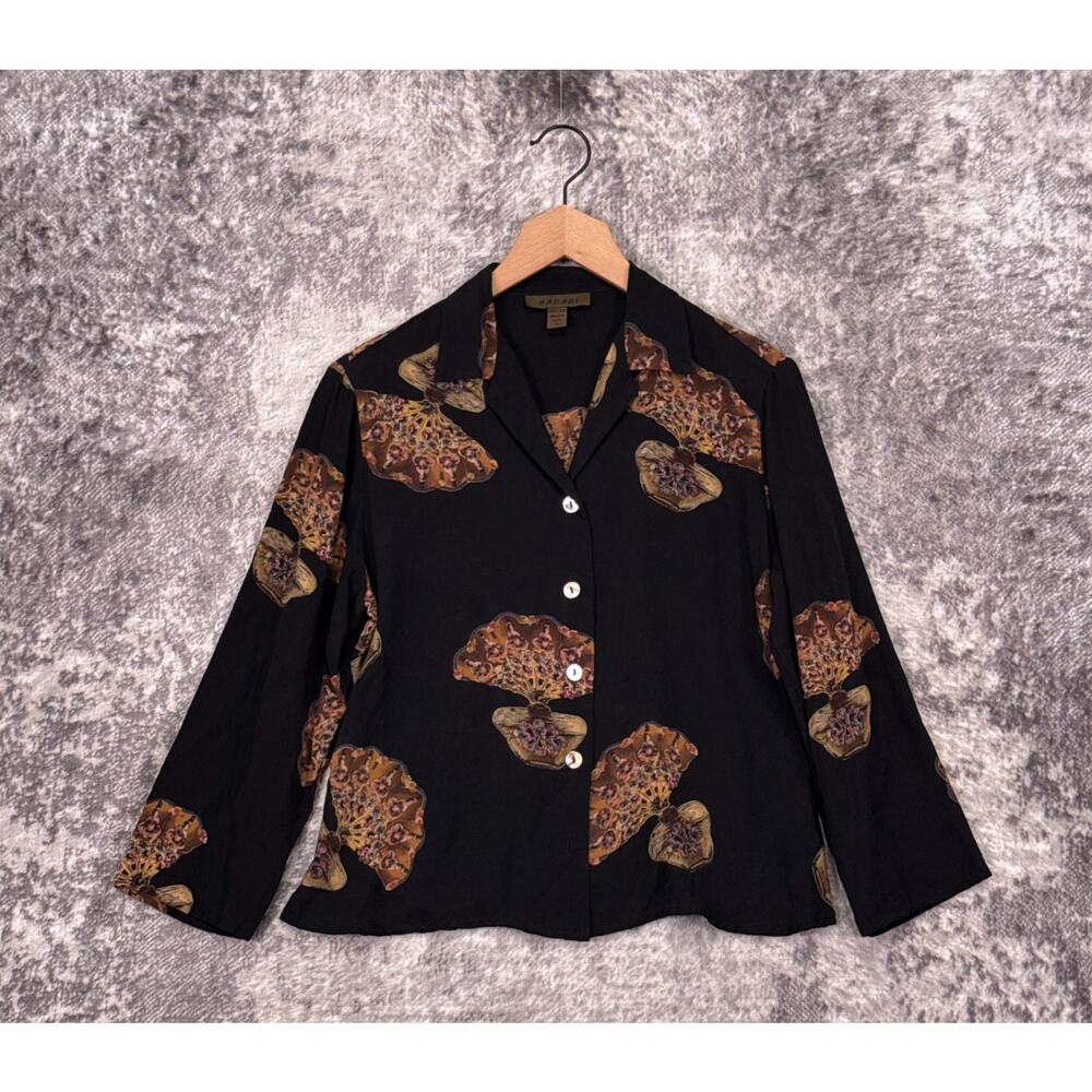 Harari Silk Shirt Medium Womens Black Button Down Print Blouse